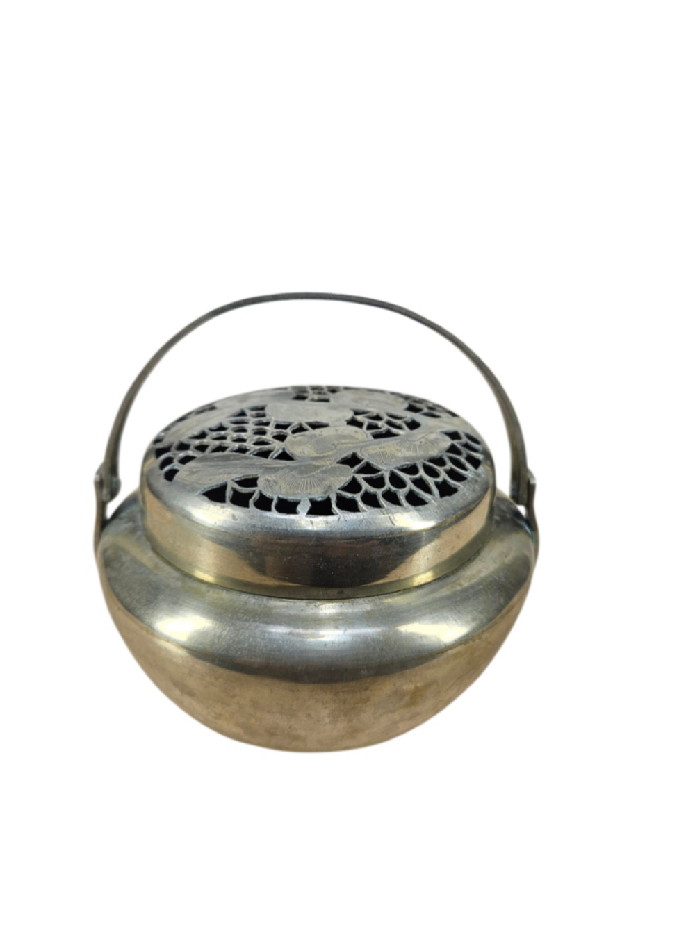 Vintage Chinese Brass Hand Warmer Pierced Lid Portable Coal Heater Basket